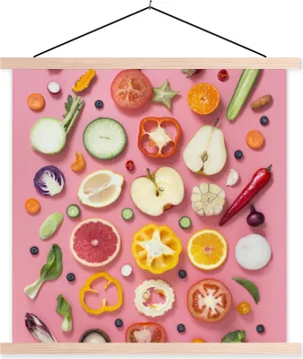 Produktbild von MuchoWow® Textilposter Gemüse - Obst - Rosa 40x40 cm mit holzfarbenen Rahmen - Posterleiste