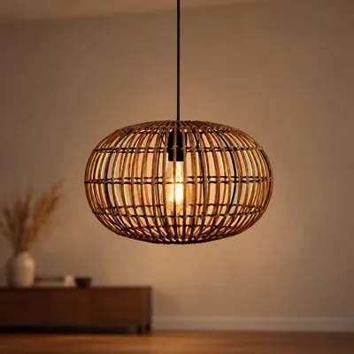 Produktbild von Pendelleuchte rund Ø 40 cm Bambus Korbschirm Braun E27 Boho Hängelampe Schlafzimmer Hängeleuchte Wohnzimmer