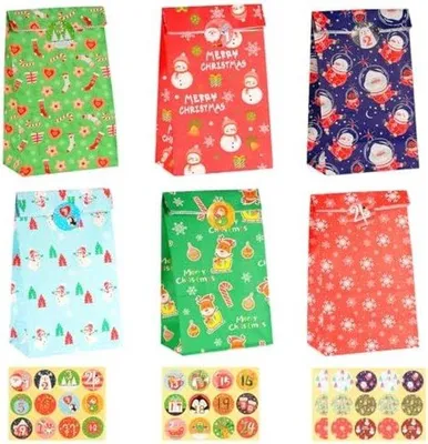 Produktbild von Weihnachtsgeschenktüten Set 24 Stück Kraftpapier mit Dekostickern