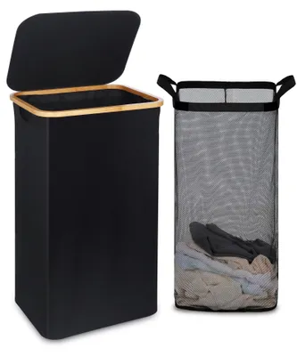 Image de Grande corbeille à linge pliable avec couvercle et poignées en bambou