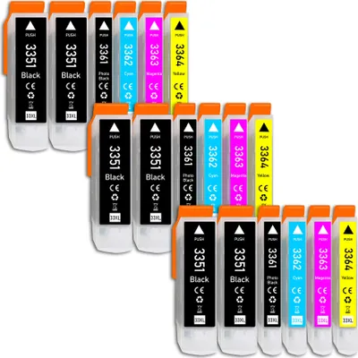 A collection of ink cartridges arranged in rows.