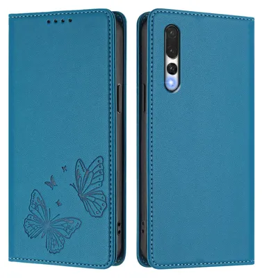 Produktbild von Lederhülle für Huawei P20 Pro, Schmetterling Prägung Leder Brieftasche Schutzhülle mit Ständer Blau