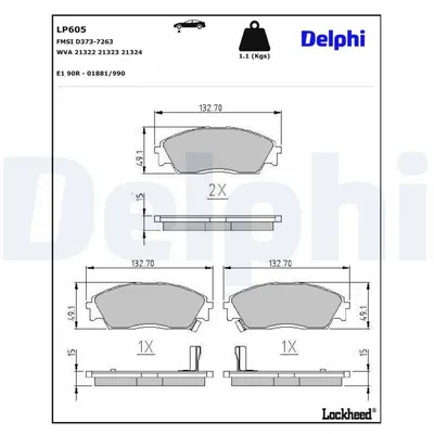 Produktbild von DELPHI Bremsbeläge Satz Vorne Bremsklötze für HONDA CIVIC VI Hatchback (EJ, EK) LP605