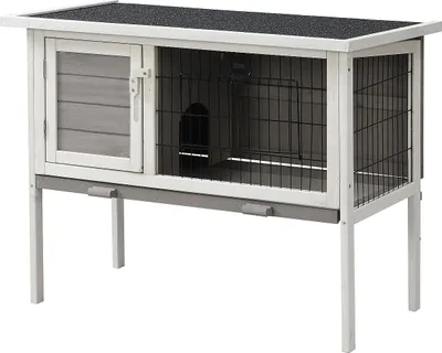 Produktbild von Holzkäfig auf Beinen für Kaninchen und Nager - L 91 x B 45 x H 70 cm - Weiß und grau - LAPIUS