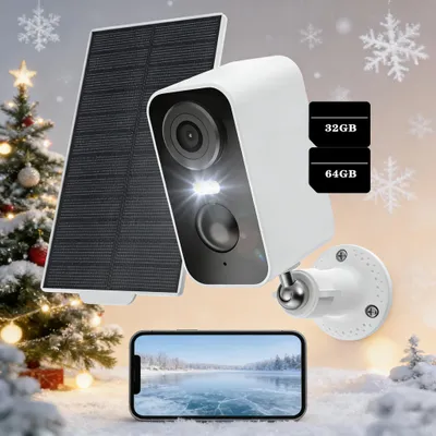 Image de 2K 3MP Caméra de surveillance extérieure solaire avec détecteur de mouvement PIR, vision nocturne couleur 32&64GB