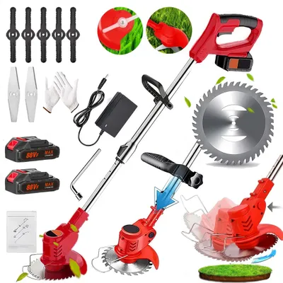 Produktbild von Akuu Rasentrimmer, 3-in-1 Rasentrimmer Kabellos, mit 2 Batterie und Ladegerät, 180° Trimmwinkel, Teleskop-Stiel & Zusatzhandgriff, Rot