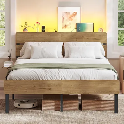 Produktbild von VASAGLE Doppelbettgestell, Bett, 140 x 200 cm, Metallrahmen, LED-Beleuchtung, USB-A- und USB-C-Anschluss, Unterbettaufbewahrung, Industrie-Stil