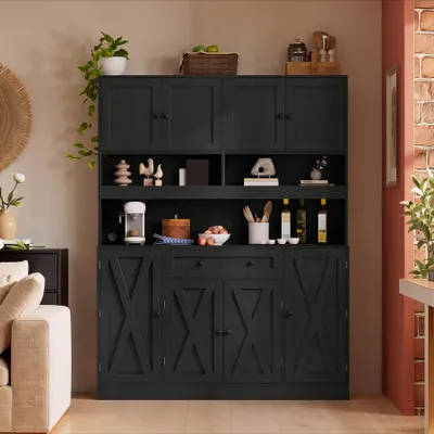 Immagine prodotto di Credenza da cucina Merax con piano di lavoro, mobiletto alto con presa di corrente, cassetto, ripiani regolabili, vani portaoggetti e stile rustico, colore nero