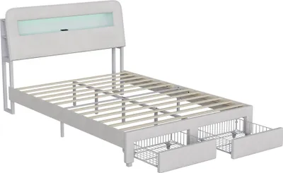 Obrázok produktu pre Dvojlôžko – posteľ s úložným priestorom – 140 x 200 cm – LED osvetlenie – 2 zásuvky – USB a Type-C nabíjacie porty – zamatové čalúnenie – kovový rám