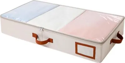 Produktbild von Unterbett-Aufbewahrungsbox mit Sichtfenster und Griff – 75 x 42 x 16 cm – Klappbarer, verstärkter Griff für Decken – Kleidung – Bettwäsche – Kissen