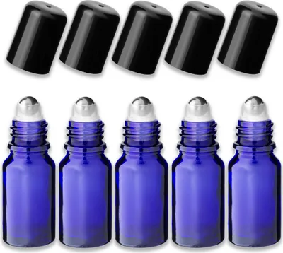 Produktbild von 5x Blaue Glasflasche 10 ml Roll-On mit schwarzem Schraubverschluss Set