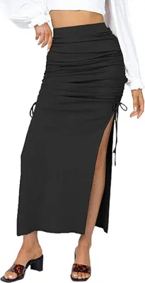 Produktbild von ASKSA Damen Sexy Maxirock Röcke mit Schlitz Hohe Taille Casual Rock Hüfte Freizeitrock Skirt, Schwarz, L