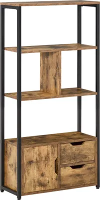Image de HOMCOM Bibliothèque Bibliothèque avec placard et 2 tiroirs de rangement Bibliothèque de style industriel pour le bureau et le salon 58x24x122 cm Rustic Brown