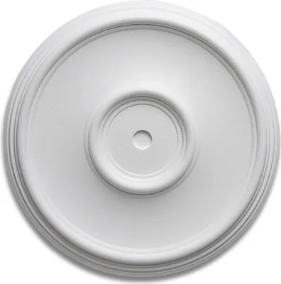 A white ceiling rosette with concentric circular detailing and a small hole in the center.