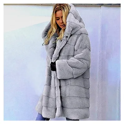 Produktbild von Oversize Plüschjacke für Damen - Wintermantel aus Kunstfell mit Kapuze
