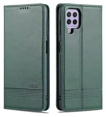 A green leather flip case for a Samsung Galaxy A22 4G phone is shown from two angles.