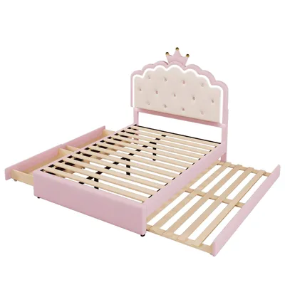 Produktbild von Flieks Polsterbett 140x200cm mit Kronenförmigem Kopfteil, Kinderbett Jugendbett mit Ausziehbett und 2 Schubladen, Doppelbett mit LED, PU, Rosa