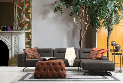Immagine prodotto di Divano angolare, forma a L, grigio, divano imbottito, pouf, divano in tessuto