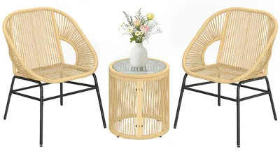 Produktbild von 3-teiliges Bistro-Set aus Rattan und Stahl mit 2 Stš¹hlen, runder Tisch mit geh?rteter Glasplatte, beige