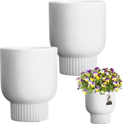Produktbild von KOTARBAU® 2er Set Keramik Blumentopf ⌀ 12 cm Höhe: 16,5 cm Weiß Blumen Übertopf Blumentöpfe Keramik Blumentopf Keramik Blumenübertopf Keramik Übertöpfe für Zimmerpflanzen Übertopf weiß