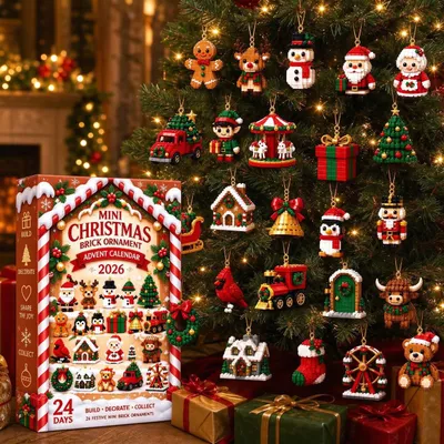 Produktbild von Adventskalender 2026 Bausteine 24 Mini 3D-Ornamente Weihnachtsbaumschmuck E