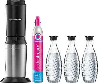 A SodaStream sparkling water maker with a CO2 cylinder and three reusable bottles, all displayed against a white background.