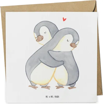 Produktbild von Mr. & Mrs. Panda faltkarte Pinguine Kuscheln - Weiß - Geschenk, anlasskarte, für Freundin, Frauen, Valentinstag, Hochzeitstag, Grußkarte, Glückwunschkarte, doppelkarte