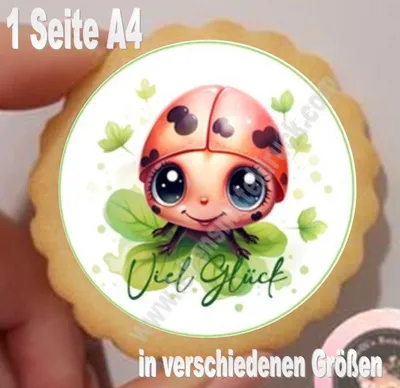 Produktbild von Glücksbringer Marienkäfer Kleeblatt Aufleger klein 1 Seite A4 für Lebkuchen, Cupcakes, Kekse, Kuchen in gewünschtem Durchmessern Fondantpapier Premium extraweiß - extraglatt Ausstanzung rund nur in Standardgrößen möglich 3,8 cm 35 Stk.