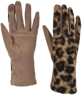 Produktbild von styleBREAKER Damen Touchscreen Handschuhe mit Leoparden Muster und Teddyplüsch | Warme Winter Fingerhandschuhe | Weiche Smartphone Handschuhe