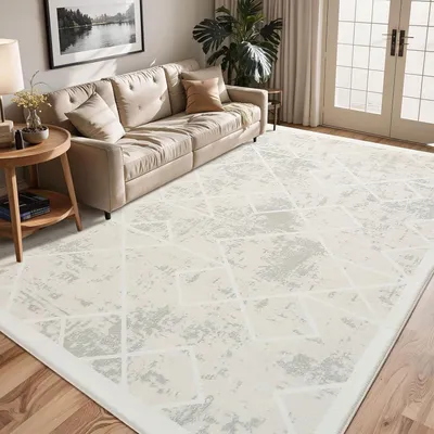 Produktbild von Teppich Kurzflor 160x200 cm Elfenbeinweiß Geometrisch Antirutsch Modern