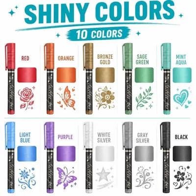 Produktbild von Glitzer Tattoo Stifte Kinder 10 Stück Set mit Vorlagen und Strasssteinen