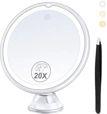 Obrázek produktu pro Zvětšovací zrcátko 20x s osvětlením, 3 barvy, otočné o 360°, na líčení