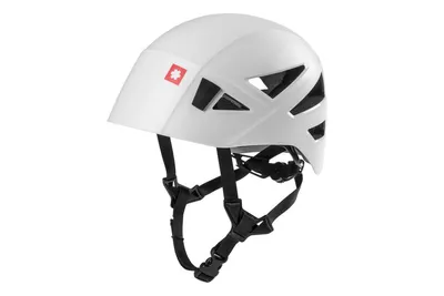 Weißer Kletterhelm "Shard" von Ocun mit Belüftungsöffnungen und verstellbarem Kinnriemen.