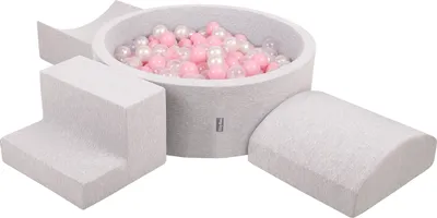 Obrázok produktu pre KiddyMoon Mäkké penové ihrisko pre deti s guľatým loptičkovým ihriskom (300 ∅ 7 cm) s mäkkými prekážkami a loptičkovým bazénom,  vyrobené v EÚ, Svetlo sivá:Púdrovo ružová/Perla/Transparen