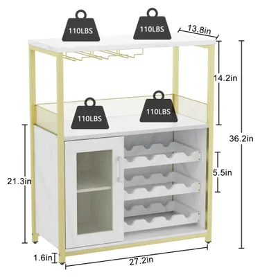 Produktbild von Weinschrank - 3-stufiger Barschrank - Herausnehmbares Weinregal - Glashalter - Gittertür - Metallrahmen - 69 x 35 x 92 cm - Gold