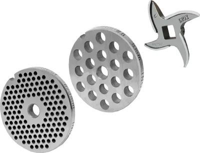 Produktbild von Fleischwolfscheibensatz 3 mm + 8 mm Bohrung und 1 Sichelmesser für alle gängigen Fleischwolf Größen 8