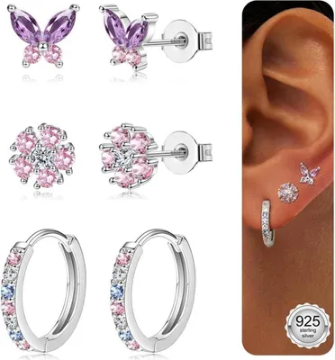 Produktbild von Ohrringe Set Silber Gold Damen Mädchen 925 Sterling Silber Ohrringe Creolen Ohrstecker Piercingsätz Earrings