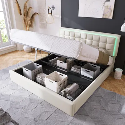 Image de MODFU Lit double 140x200 cm - Lit Adulte Capitonné avec Coffre et LED, Sommier à Lattes Inclus, Similicuir Blanc, Sans Matelas