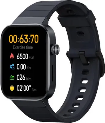 A black smartwatch with a black strap is shown against a white background. The watch face displays exercise time, calories burned, distance covered, trips taken, and pace.
