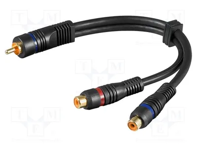 Image de 1 câble de 0,2 m, avec 2 prises RCA et 2 connecteurs RCA, plaqué or. Référence : 50930. Câble audio et vidéo
