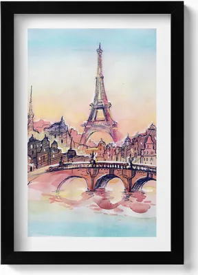Produktbild von Gemalte Ansicht von Paris– Wandbild mit Rahmen – Gerahmtes Bild  – Wanddekoration – 20x30 cm – Schwarz