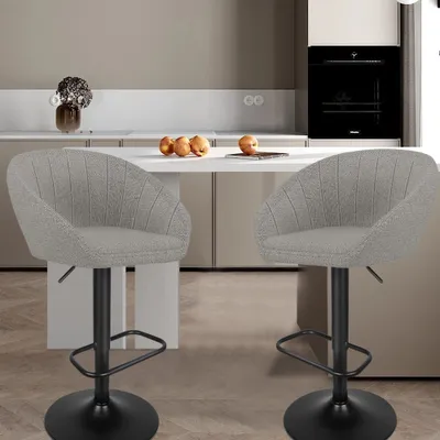 Image de lot de 2 tabourets de bar Chaise de bar en lin Chaise de comptoir Tabouret de cuisine pivotant avec dossier Gris clair