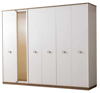 Image de Armoire de style moderne, couleur blanche, neuve, en verre, spacieuse, avec cintres