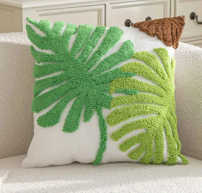 Produktbild von Kissenhülle  »Cottbus« LxB 45x45 cm Grün Frottee-Stickerei 100% Baumwolle Monstera Blattmuster hochwertiger Leinenstoff 202490K