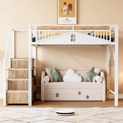 Produktbild von okwish Hochbett 140x200 Metallbett ohne Matratze,Bettgestell mit Sicherheitsgehäuse mit Fenster,Jugendbett mit Sicherheitsleiter mit Spind, Weiß