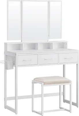 Produktbild von VASAGLE Schminktisch mit gepolstertem Hocker, Schminktisch mit Dreifachspiegel, 3 Schubladen, Fönhalter, Kosmetiktisch, modernes Design