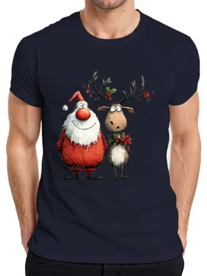 Produktbild von Lustiger Weihnachtsmann und Rentier Cartoon Weihnachten Geschenk Herren T-Shirt, Navy, XL