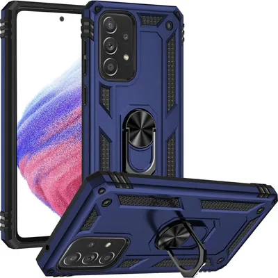 A blue phone case with a ring holder is displayed against a white background. Another phone case is shown in the foreground, angled.