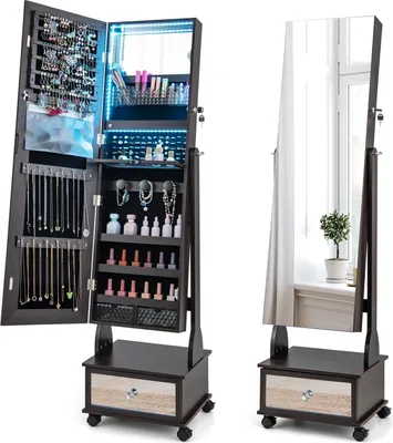 Immagine prodotto di Vetrina portagioie con serratura, dotata di specchio a figura intera, specchio cosmetico, luci LED tricolori e vano portaoggetti; espositore portagioie mobile da appoggio con angoli regolabili