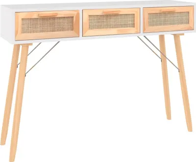 Immagine prodotto di Tavolo Consolle Bianco 105x30x75 Massello Pino Rattan Naturale